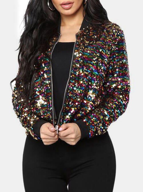 Sequin Zip Up Long Sleeve Jacket